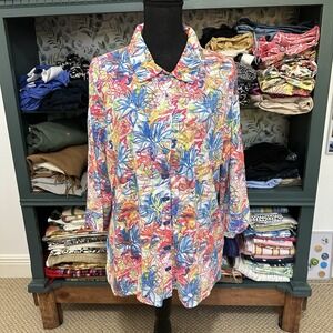 Lulu B Colorful Floral Top V-Neck 3/4 Sleeves Button up Sz XL